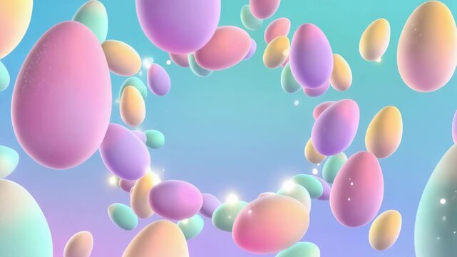 Pastel-colored easter eggs and sparkling lights float in a dreamy, swirling vortex on a blue background