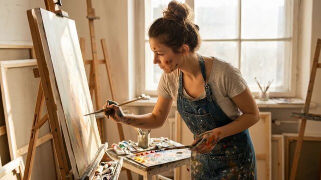An inspired artist absorbed in the creation of art, immersed in her craft, brings a canvas to life. She uses artistic tools, brushes and colors to create a masterpiece in her studio.