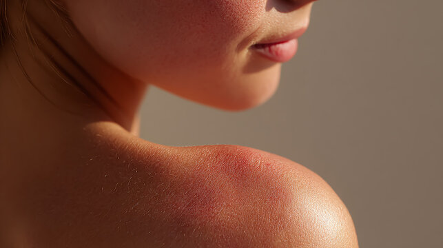 Close-up of a person showing red, irritated shoulder skin due to inflammation or allergic reaction