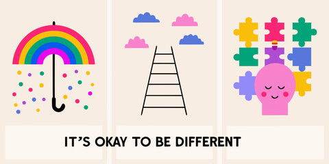 Naklejka premium Colorful illustrations of a rainbow ladder and brain with puzzle pieces