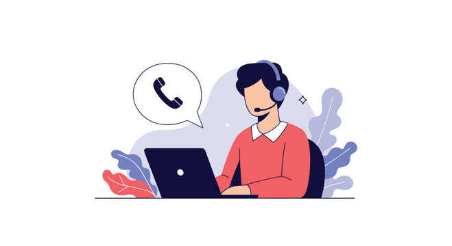 Professional customer support representative wearing a headset and working on a laptop with a phone icon in a bubble.