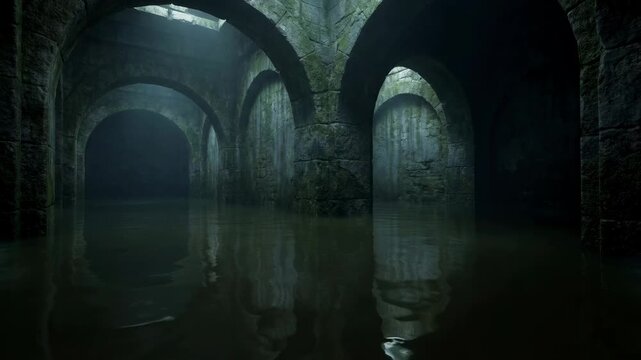 A captivating, mysterious atmosphere fills the frame as an aged, waterlogged chamber is seen, showcasing a dramatic play of light and shadow.