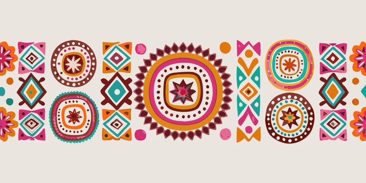 A seamless border with colorful geometric tribal patterns and circular motifs