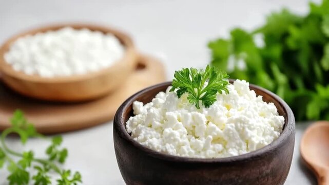 Cottage cheese filling a brown wooden bowl, garnished with green parsley