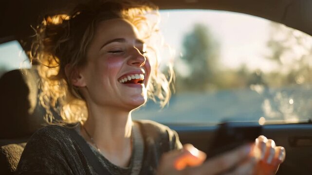 Young woman finding joy and happiness texting on her phone with golden hour sunlight