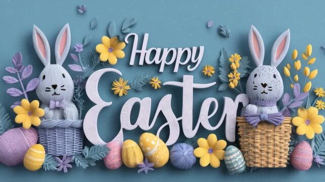 Textured paper art composition showing happy easter text, rabbits, decorated eggs, and blossoms on blue background
