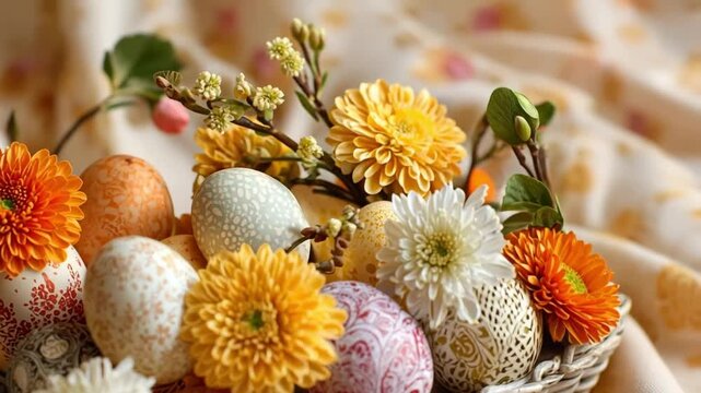 Easter basket filled with decorative patterned eggs and blooming chrysanthemum flowers