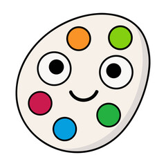 Fototapeta premium Vector illustration of a happy green and blue eyed Easter egg symbol with a simple cute cartoon paint palette