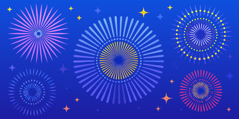 Vibrant and colorful fireworks display against a dark blue night sky