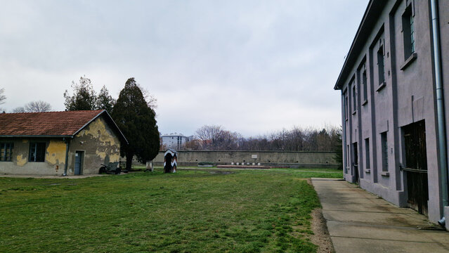 Nis, Serbia - December 27, 2025: Building of the former Nazi concentration camp "Crveni Krst" (Red Cross). German occupation of Serbia. Today the camp is the Memorial Complex "February 12".