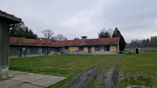 Nis, Serbia - December 27, 2025: Building of the former Nazi concentration camp "Crveni Krst" (Red Cross). German occupation of Serbia. Today the camp is the Memorial Complex "February 12".