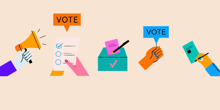 Illustrative depiction of voting process with megaphone ballots and hand icons