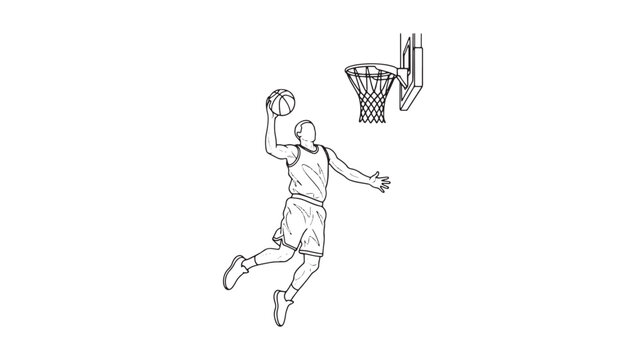 A dynamic line drawing depicts a basketball player in mid air preparing to dunk the ball