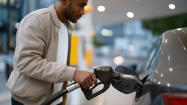Drivers using fuel pumps at a gas filling station, routine action highlighting transportation dependence, energy resources, and vehicle maintenance. cinematic color correction, natural uneven
