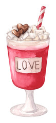 Watercolor pink and red cute drink for Valentines day. Hand drawn illustration