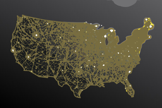 A golden map of the united states featuring illuminated points of light