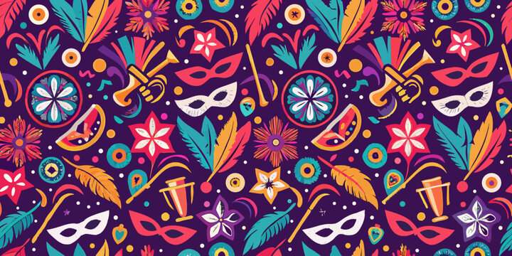 A vibrant seamless pattern featuring carnival masks feathers and musical instruments