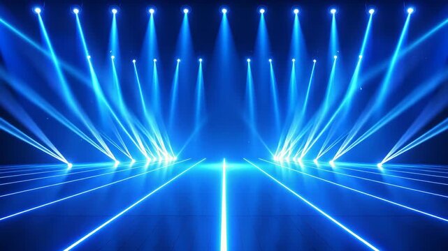 Stage lights shining down over futuristic blue background, creating a dazzling effect with its bright beams in the dark, vibrant scene