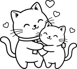 Obraz premium Black and white line art of cute cartoon cats hugging under a heart. Vector illustration for coloring page.