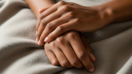 Two hands gently resting on top of each other on fabric