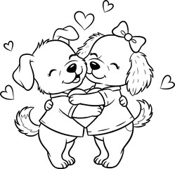 Obraz premium Black and white line art of cute cartoon dogs hugging under a heart. Vector illustration for coloring page.