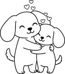 Obraz premium Black and white line art of cute cartoon dogs hugging under a heart. Vector illustration for coloring page.