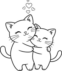 Obraz premium Black and white line art of cute cartoon cats hugging under a heart. Vector illustration for coloring page.