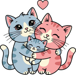Fototapeta premium Kawaii cat couple hugging vector illustration. Isolated funny kittens characters.