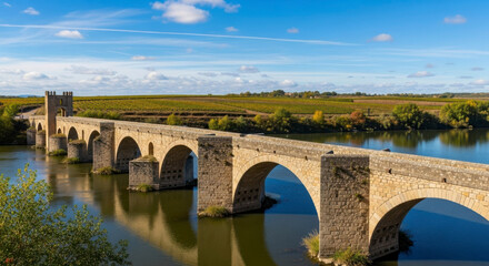 Fototapeta premium Ancient stone bridge over calm river in countryside landscape