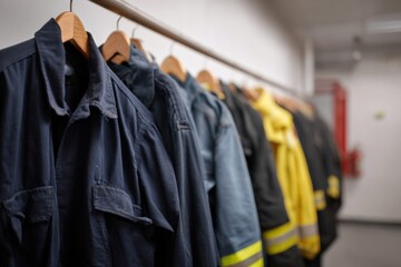 Obraz premium Row of hanging uniforms in fire station locker room