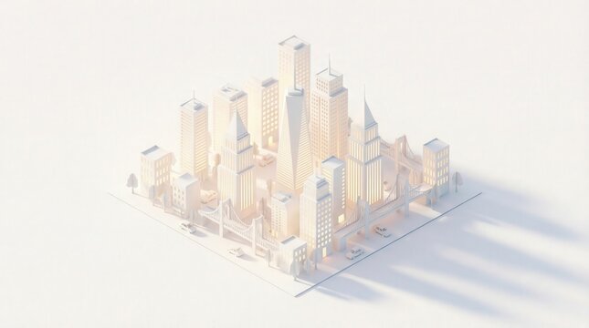 Cityscape Silhouette: An abstract representation of a modern cityscape, depicted in a minimalist style, with tall buildings and clean lines casting elongated shadows.