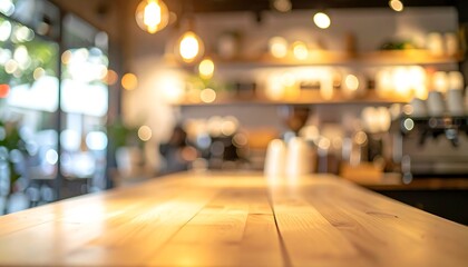 blur background An empty luxury coffe shop interior featuring elegant wood furniture and glass decorations illuminated by soft indoor light