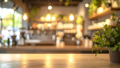 blur background An empty luxury coffe shop interior featuring elegant wood furniture and glass decorations illuminated by soft indoor light