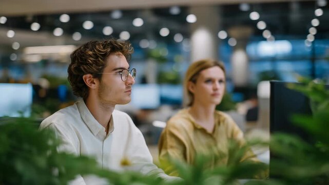 Natural light fills a shared workspace as employees take an office break in an open layout, encouraging teamwork, creativity, and mental refresh during the workday. cinematic color correction,