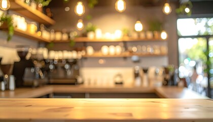 blur background An empty luxury coffe shop interior featuring elegant wood furniture and glass decorations illuminated by soft indoor light