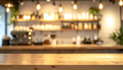 blur background An empty luxury coffe shop interior featuring elegant wood furniture and glass decorations illuminated by soft indoor light