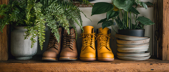 Two pairs of leather shoes arranged neatly on a wooden shelf in a minimalist interior lifestyle flat lay