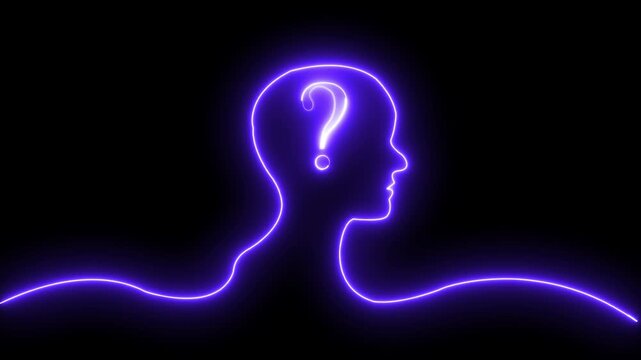 Blue Human head with question mark icon isolated on black background. 4K Video motion graphic animation.