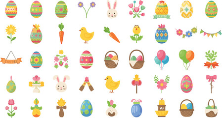 Colorful Easter elements collection with eggs, bunnies, and flowers