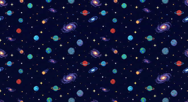 Seamless Pixel Art Space Pattern - Retro 8-bit Starry Sky Background