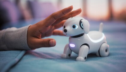 Childs Hand Gently Petting a Small White Robotic Dog Toy.