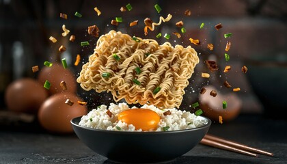 Instant Ramen Noodles with Egg and Rice in Bowl with Ingredients Falling.
