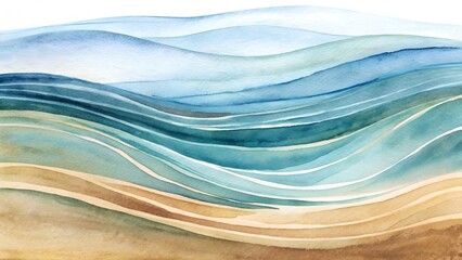 Obraz premium Abstract Watercolor Ocean Waves And Sand Dunes In Blue Teal And Sandy Brown Tones With Soft Natural Light