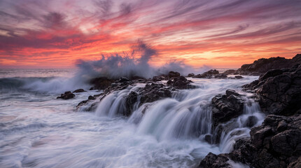 Fototapeta premium Dramatic Sunset over Rocky Coastline with Crashing Waves and Silky Water