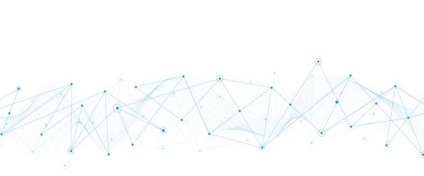 Abstract tech network connection dots. Digital technology and big data analysis background. Grey background with plexus lines. Geometric background with abstract .cardiogram on blue background
