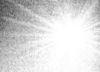 Extreme macro halftone dots forming a radiant sunburst gradient with soft rays from a bright...