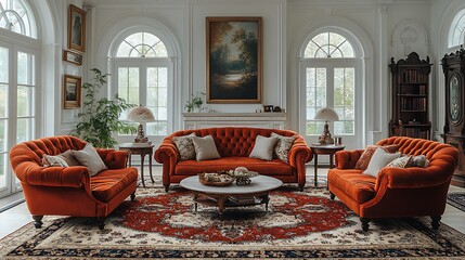 Fototapeta premium Luxurious orange velvet furniture interior design