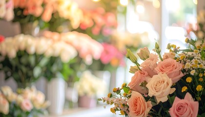A beautiful bridal bouquet of pink roses in flower store creates a romantic floral arrangement for a wedding ceremony decoration set amidst a lush green nature garden with blur background