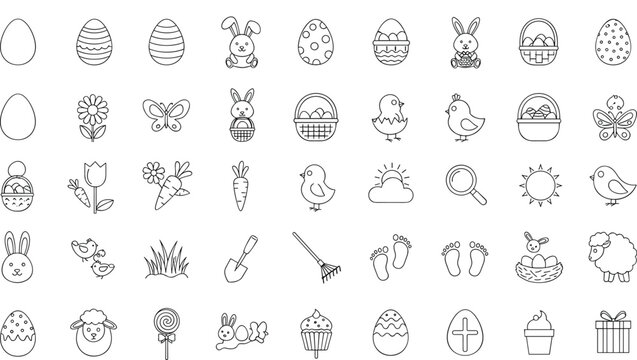 Easter icons set with eggs, bunnies, and spring elements