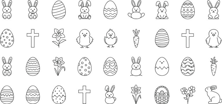 Easter themed line art icons collection for spring